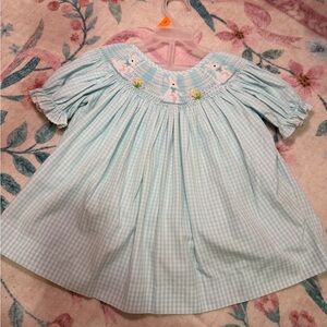 Light Blue Gingham Smocked Kids Dress Set with Bunny Embroidery - Easter Set